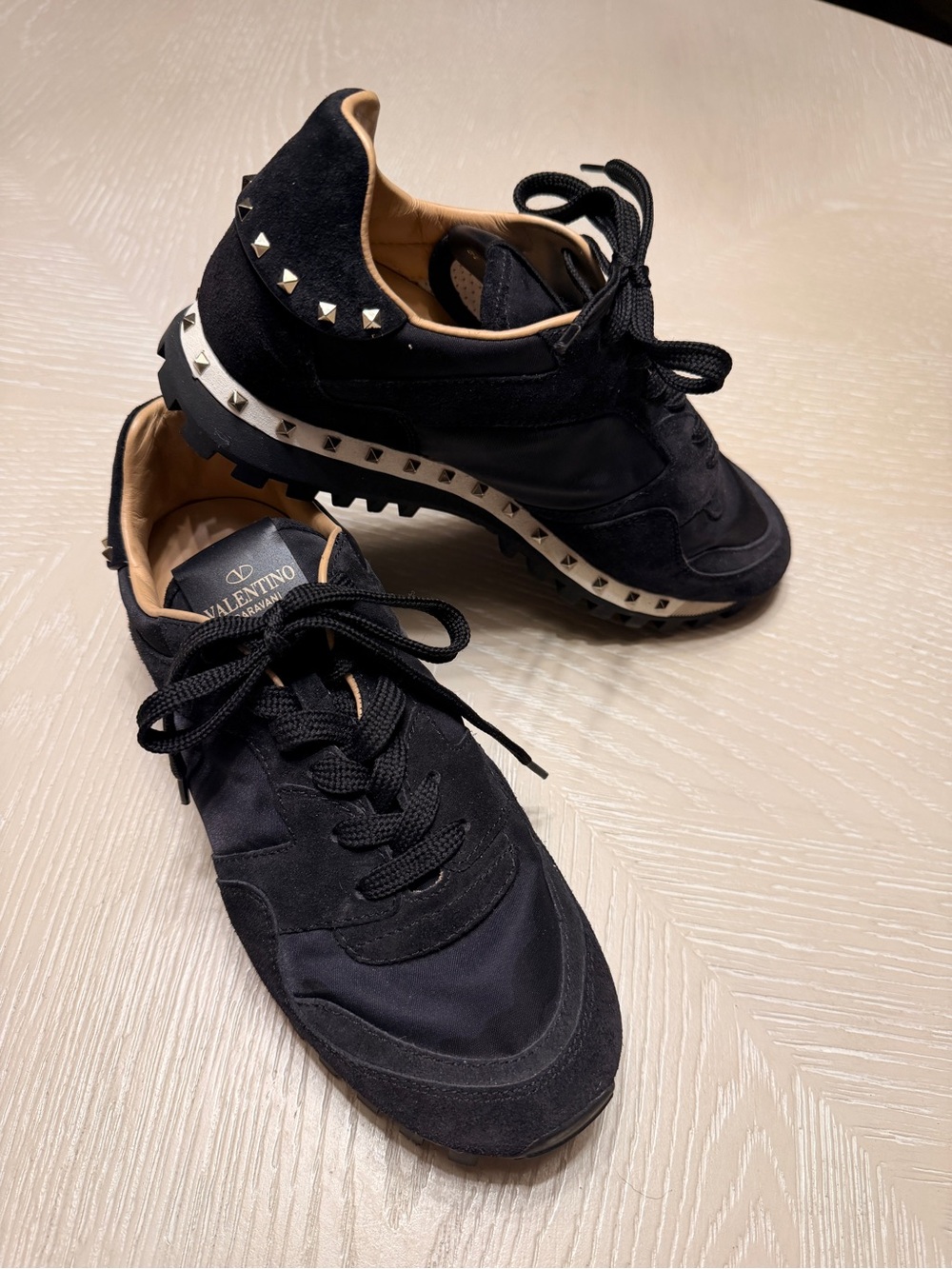 Valentino Black Suede & Nylon Rockstud Trail Sneakers